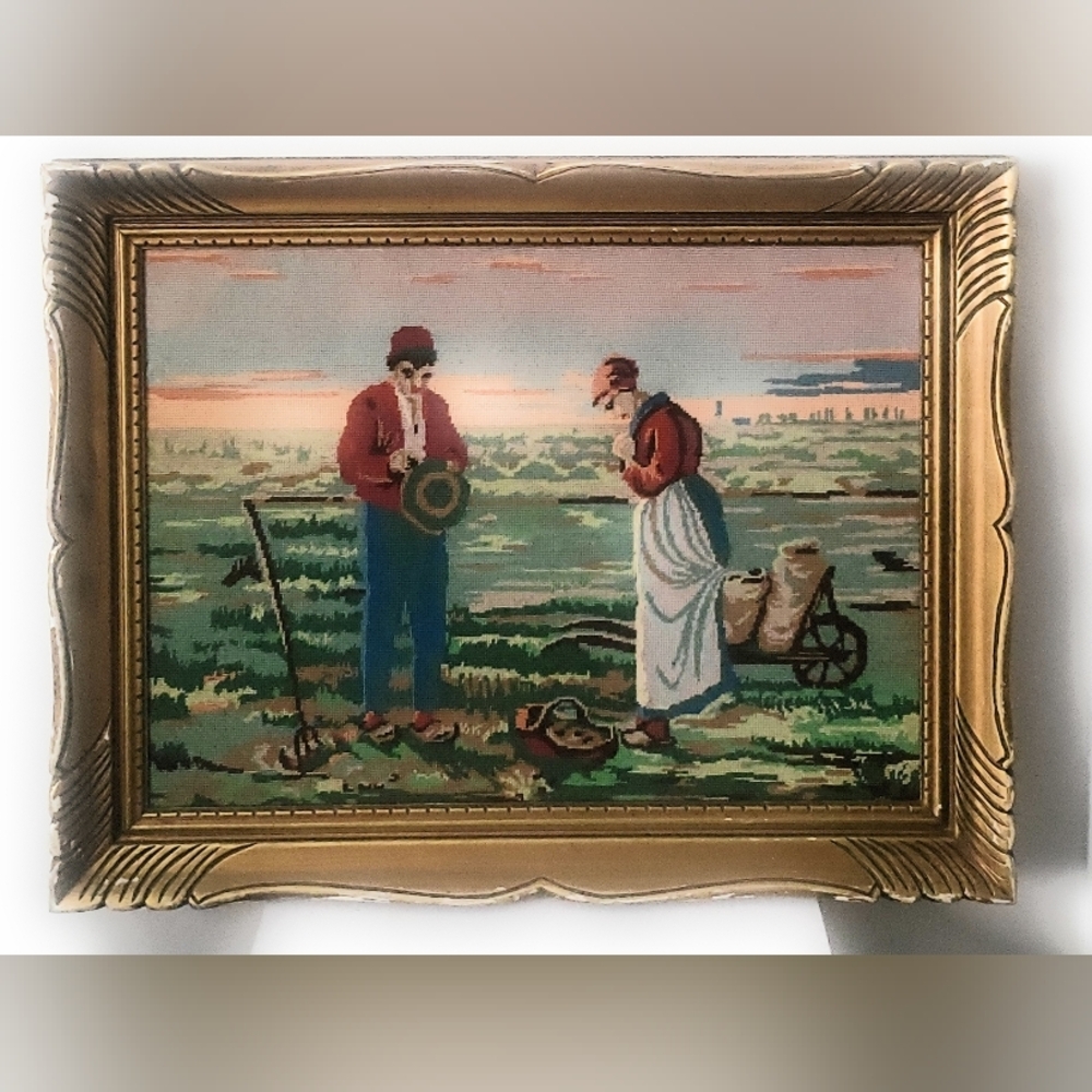 Cross Stitch  Vintage Reproduction Jean Francois Millet's The Angelus. 27 X 34